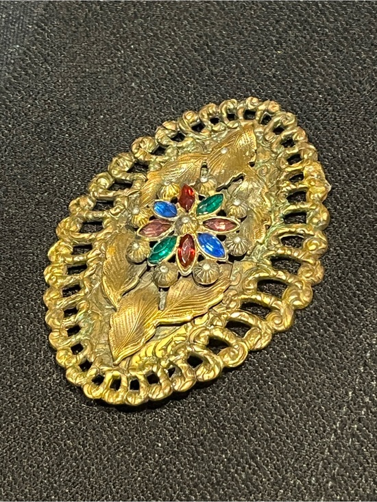Antique Jewelry - Vintage Florenza Style Rhinestone Floral Brooch Filigree Statement Pin